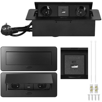 Gniazdo wpuszczane chowane w blat nablatowe USB USB-C STALOWE
