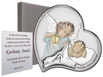 Pamiątka Chrztu Świętego od Matki Chrzestnej obrazek srebrny Anioł Stróż