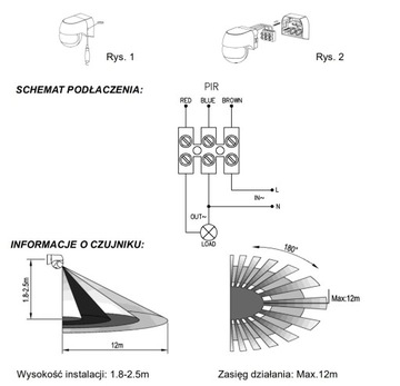 Czujnik Ruchu PIR Zewnętrzny IP44 Regulowany Czarny