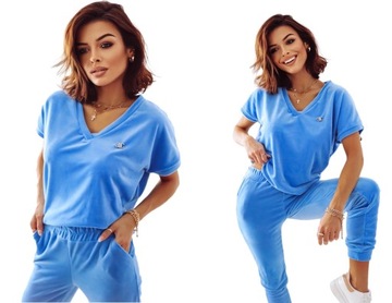 KOMPLET WELUROWY SPODNIE BLUZA Z BROSZKĄ KRÓTKI RĘKAW KOLORY XL / 42