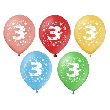 BALONY NA URODZINY KOLOROWE CYFRA 3 ZESTAW 5 SZT