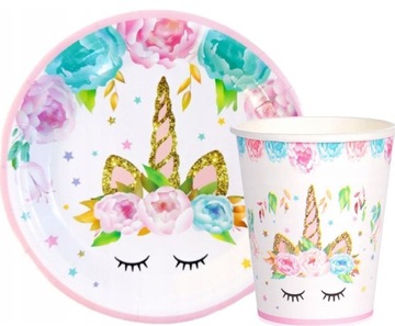 Zestaw talerzyki kubeczki JEDNOROŻEC tęczowy 1-99 urodziny party UNICORN