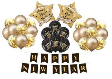 Balony na Sylwestra czarno złote Baner Happy New Year Zestaw dekoracji hel