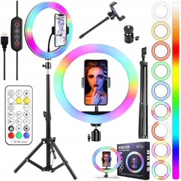 LAMPA PIERŚCIENIOWA LED Z PILOTEM ZE STATYWEM 2,2M DO WIDEO I LIVE STREAM