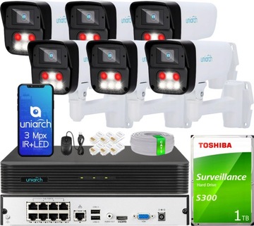 Monitoring Zewnętrzny IP 6 Kamer 3Mpx Noc/Kolor IR+LED Rejestrator 8CH 1TB