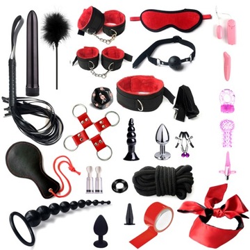 XXL ZESTAW ZABAWEK SEX GADŻETY - KAJDANKI BAT OBROŻA ZACISKI KNEBEL BDSM