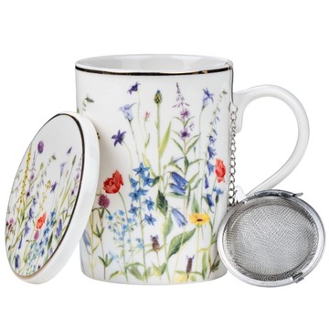 Kubek z sitkiem zaparzacz porcelanowy do herbaty ziół 380 ml pokrywka 3508