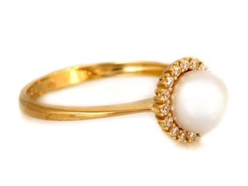 Pierścionek złoty 585 okrągła markiza z kuleczką perłą rozmiar 16 elegancki