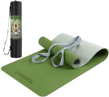 TOMSHOO Mata Gimnastyczna TPE 183x61 - 0,5 cm GREEN 4 GUMY + Torba
