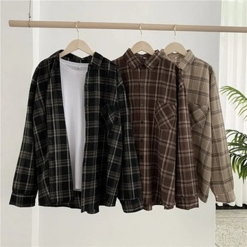 Women Shirt Plaid Oversize Turn-down Collar Leisur