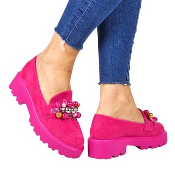 ZAMSZOWE DAMSKIE MOKASYNY LORDSY KORALIKI BUTY GRUBA PODESZWA RÓŻ FUKSJA
