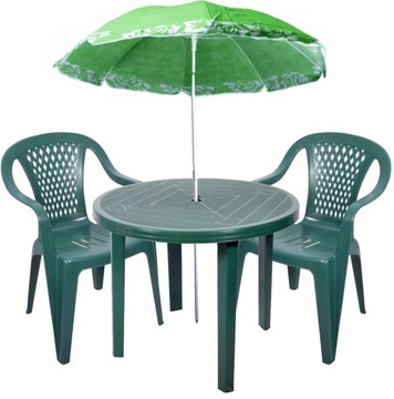 ZESTAW PLASTIKOWY 2+1 KRZESŁA STÓŁ PARASOL ZIELONY