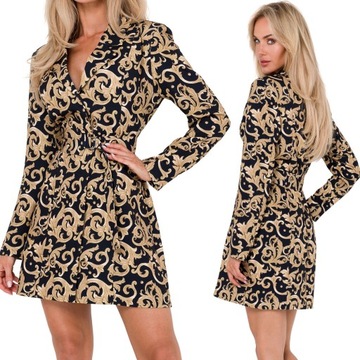 ELEGANCKA KOBIECA SUKIENKA MINI WYSZCZUPLAJĄCA DŁUGI RĘKAW ŻAKIETOWA 36 S