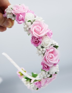 OPASKA różówa wianek komunijny kwiaty różowe na głowę na komunije wesele