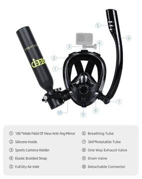 DIDEEP Универсальный набор для дайвинга: маска с трубкой + кислородный баллон 0,5 л.