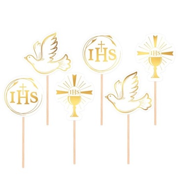 PIKERY KOMUNIA ŚWIĘTA IHS gołąbek kielich dekoracja muffinek na babeczki x6