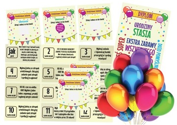 ZABAWA URODZINY gra dzieci ZDRAPKI BALONY zagadki