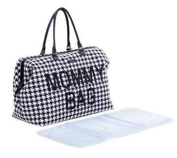 CHILDHOME TORBA MOMMY BAG DUŻA POJEMNA CZARNO-BIAŁA PEPITKA tweedowa