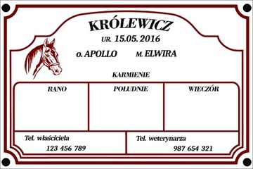 Tabliczka Informacyjna Dane Twojego Konia na Box w Stadninie sztywna płyta