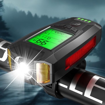 4 В 1 ЛАМПА ПЕРЕДНЯЯ ВЕЛОСИПЕДНАЯ ФОНАРЬ СО СЧЕТЧИКОМ, СИГНАЛИЗАЦИЯ + СИГНАЛ + СЧЕТЧИК