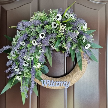 Дверной венок ДОБРО ПОЖАЛОВАТЬ весна ЛАВАНДА свадебный фиолетовые цветы 40см