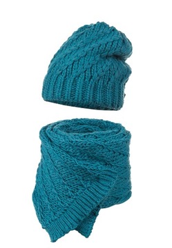 ŠÁL ČIAPKA BEANIE DÁMSKY KOMPLET 10% VLNA MODRÁ TYRKYSOVÁ