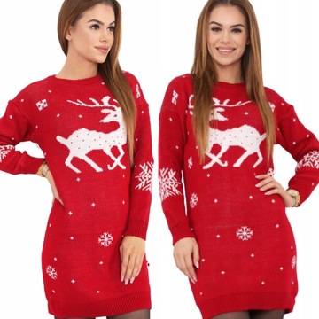 SWETER DAMSKI KOBIECY TUNIKA DŁUGI CIEPŁY ELEGANCKI ŚWIĄTECZNY ZABAWNY 2226