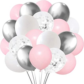 Balony różowe srebrne białe konfetti 10 szt