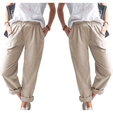 Letnie casual damskie lniane spodnie z kieszeniami oddychająca luźny, M