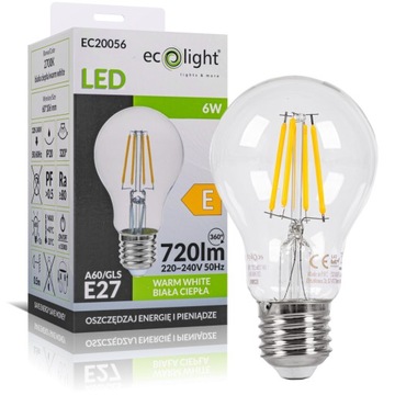 ŻARÓWKA LED E27 FILAMENT RETRO CIEPŁA BIAŁA OZDOBNA EDISON 6W 720 lm