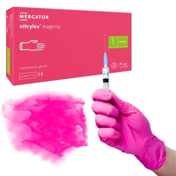 Rękawiczki jednorazowe MERCATOR NITRYLEX magenta RÓŻ 100 szt. AQL 1.5 r. S