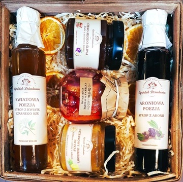 ZESTAW BOX KOSZ PREZENTOWY UPOMINEK PREZENT OWOCE SYROP KONFITURY