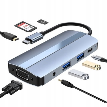 8w1 Adapter HUB 3.0 USB C PD 87W HDMI SD VGA AUDIO 5 Gbps