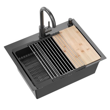 myQ Zlewozmywak LEO CENTER zlew kuchenny stal czarny zestaw bateria 58x54