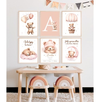 Zestaw 3 plakaty A4 misie z balonami róż dla dziewczynki imię Różne wzory