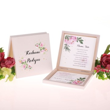 PUDEŁKO DREWNIANE ZAPROSZENIE PROŚBA DLA RODZICÓW ŚLUB WESELE PIWONIE Y3