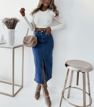 Комфортная джинсовая юбка с вырезом -миди Миди.