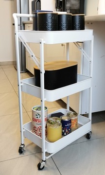 МОБИЛЬНАЯ СКЛАДНАЯ ПОЛКА С РУЧКОЙ 3 ПОЛКИ КУХНЯ ВАННАЯ КОЛЕСИКИ БЕЛАЯ ТЕЛЕЖКА