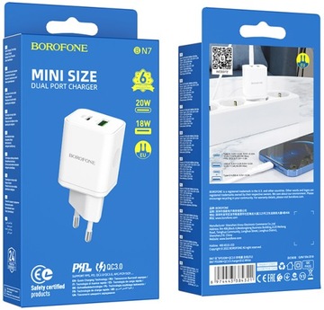 Borofone BN7 USB-A+USB-C QC3.0 3A PD 20W зарядное устройство
