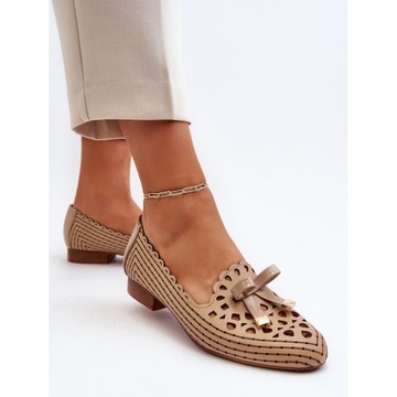 АЖУРНЫЕ БАЛЕТКИ ЖЕНСКИЕ НА ПЛОСКОМ КАБЛУКЕ С БАНТОМ, БЕЖЕВЫЙ 39