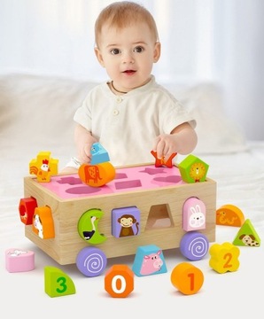 Drewniana kostka EDUKACYJNA SENSORYCZNA SORTER KLOCKI ZWIERZĘTA ZESTAW