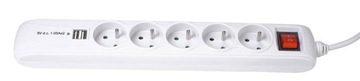 LISTWOWY PRZEDŁURZACZ 5 GNIAZD 1,5m+2USB