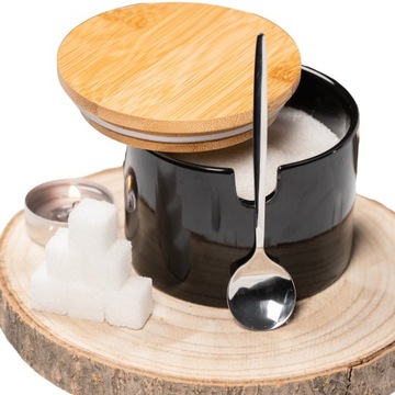 CUKIERNICA CZARNA PORCELANOWA+ŁYŻECZKA POJEMNIK NA CUKIER SÓL CUKIERNICZKA
