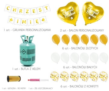 Zestaw dekoracja balon CHRZEST złoto + BUTLA HEL