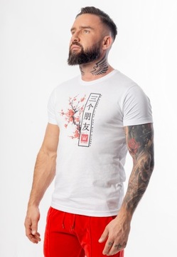 Biały T-Shirt Basic Slim fit Z Nadrukiem Kwiat Wiśni