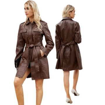 Moda klasyczny DŁUGI PŁASZCZ KURTKA SKÓRZANA DAMSKA Z PASKIEM ROZ.S-3XL