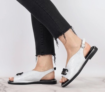 Srebrne sandały damskie eleganckie na płaskim obcasie komfortowe r.36