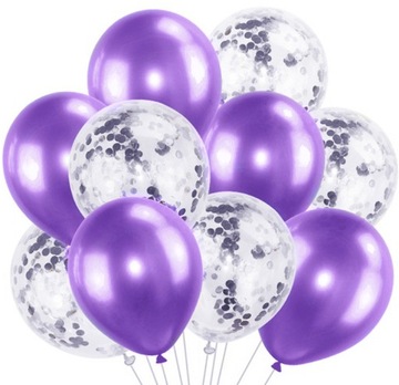 Balony przezroczyste fioletowe z KONFETTI frozen party 1-99 urodziny 10szt
