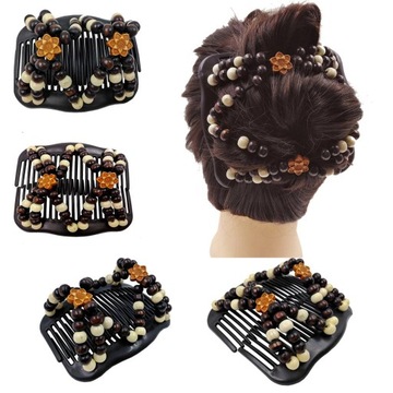 Drewniany grzebień z koralikami. Rozciągliwa spinka do włosów