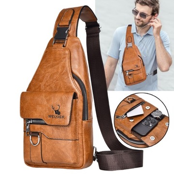 SKÓRZANY TORBA NA RAMIĘ MĘSKA NERKA PLECAK CROSSBODY BRĄZOWY